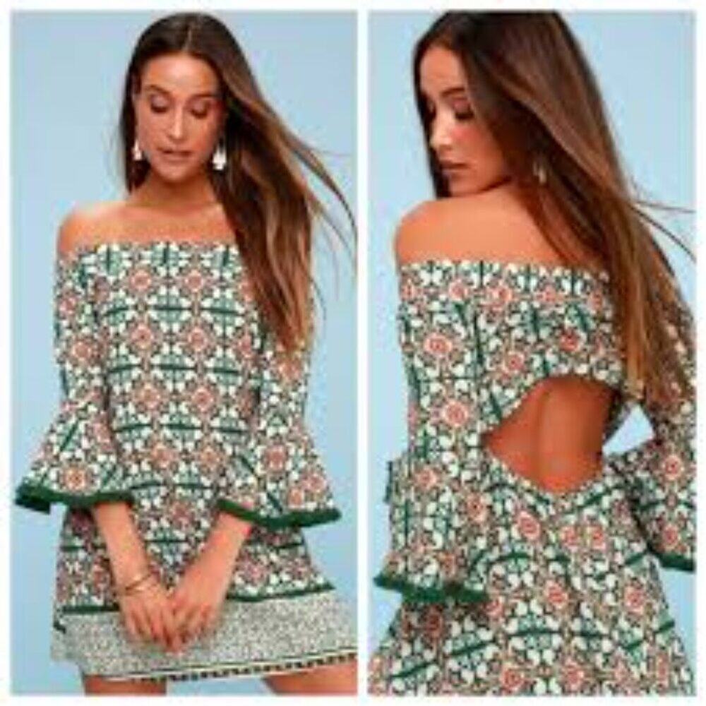 Lulus Wanderlust for Life Green Print Off-the-Shoulder Mini Dress Boho Size L
